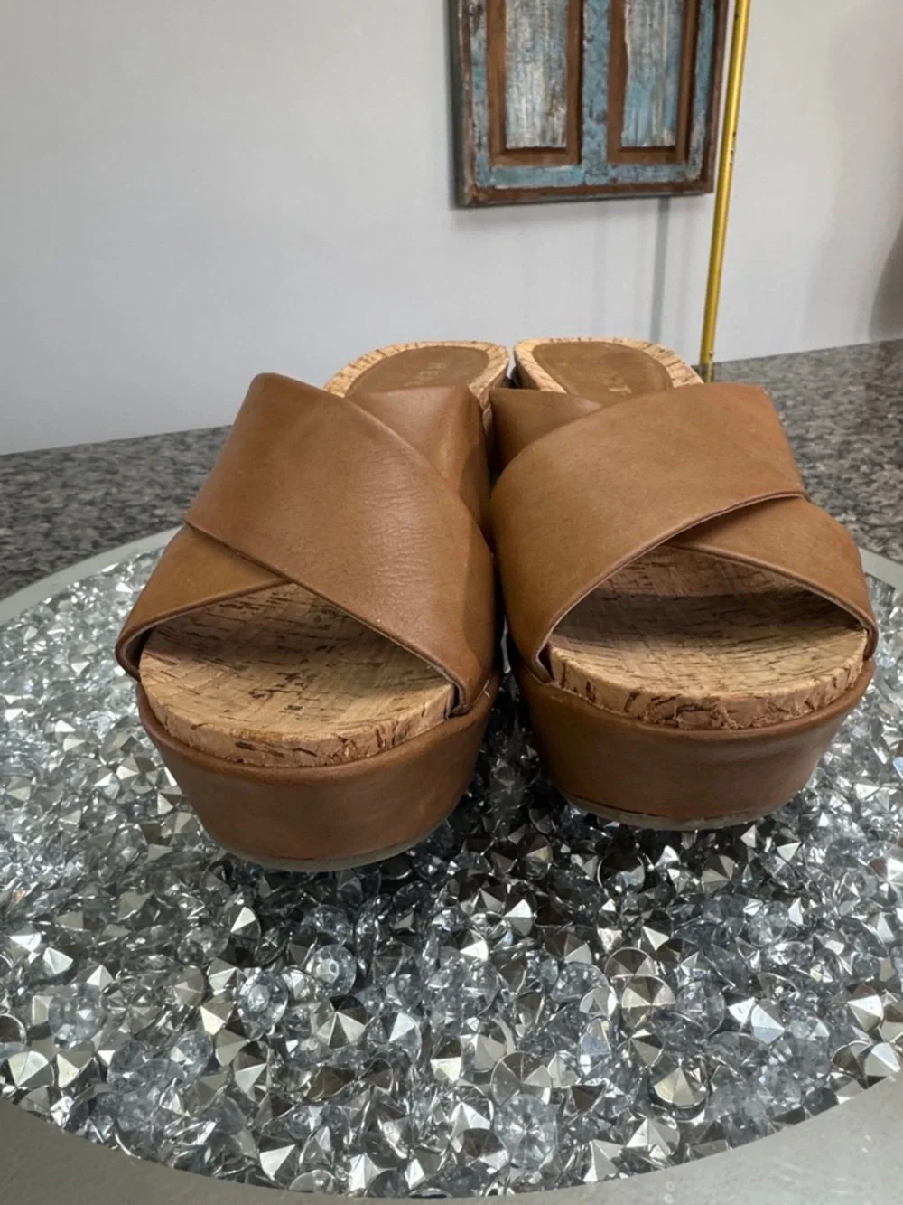 Report Basil deep camel Tan Crisscross Cork Wedge Slides EUC 8